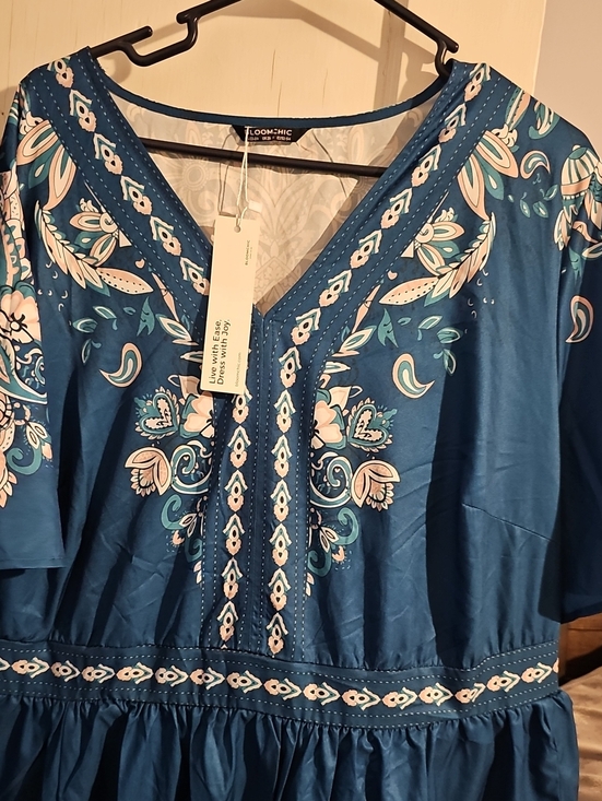 BloomChic Dresses & Skirts - BloomChic Teal-Blue Embroidered V-Neck Lined Dress With Pockets